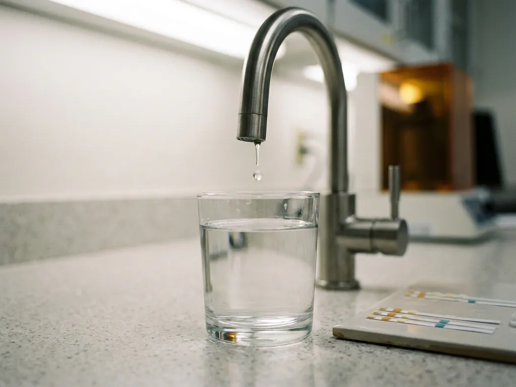 Klares Glas Leitungswasser auf Labortresen mit fallenden Wassertropfen vom Chrom-Wasserhahn und Teststreifen daneben.