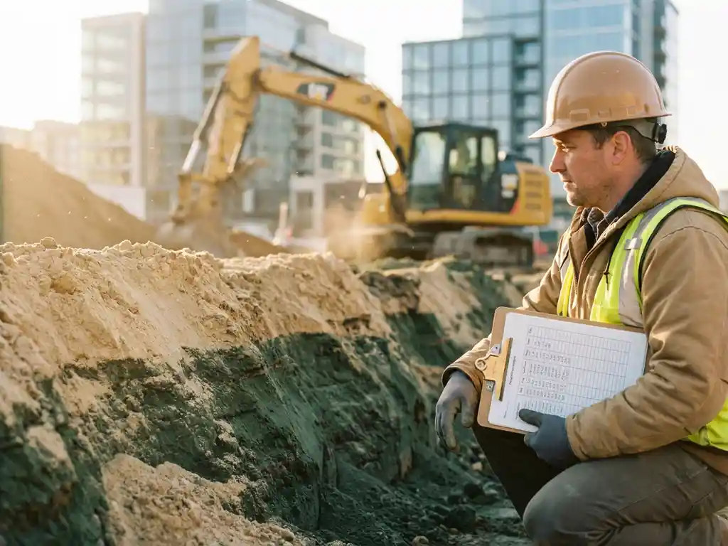 Bauingenieur mit Schutzhelm kniet neben Bodenprobengrabung auf Baustelle, hält Klemmbrett mit Testergebnissen, moderne Gebäude im Hintergrund.