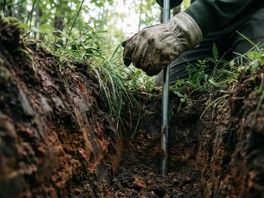 Umwelttechniker steckt Bodenmesspfahl in dunkle Erde, Bodenschichten im Querschnitt sichtbar, grünes Gras an der Oberfläche.