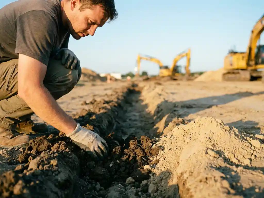 Umweltspezialistin kniet an einem Bodenaushub und prüft dunkle Erde neben hellem Sand auf einer Baustelle im Sonnenlicht.