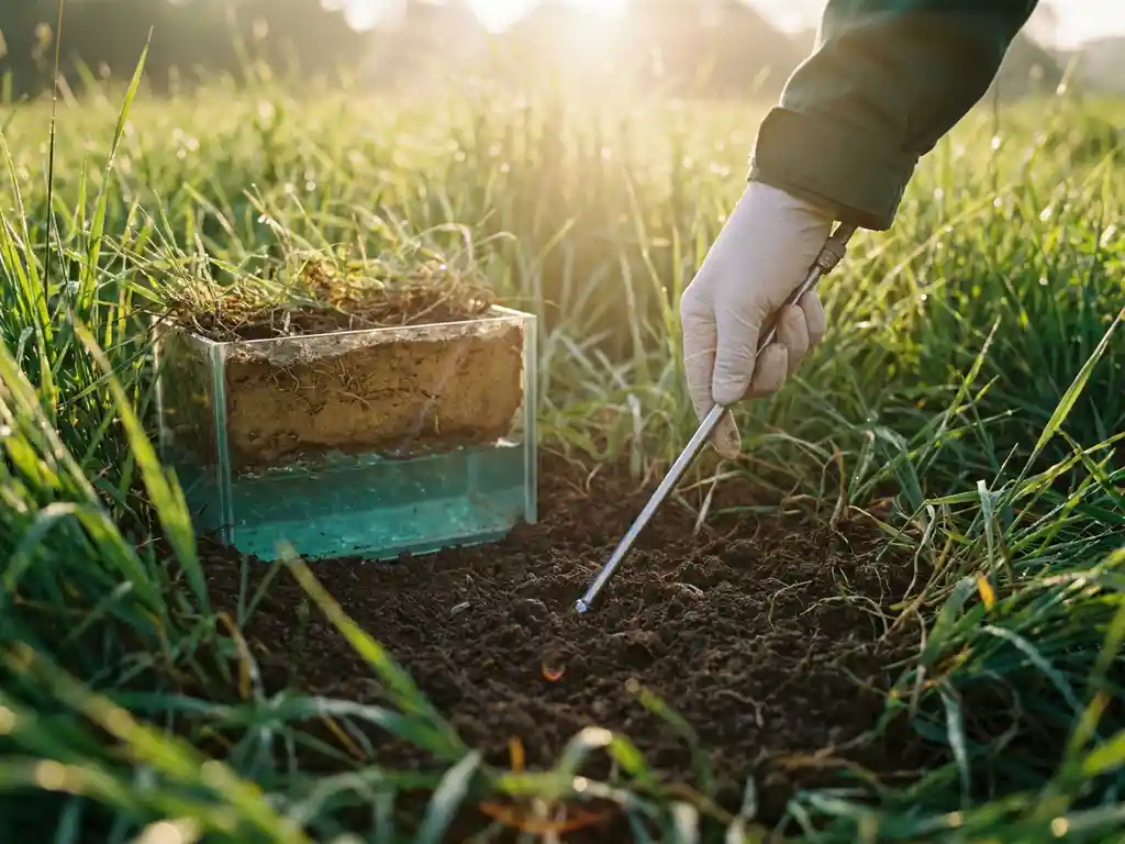 Fachmann führt Injektionslanze in unberührten Wiesenboden ein, sauberes Grundwasser im flachen Querschnitt sichtbar, goldenes Morgenlicht.