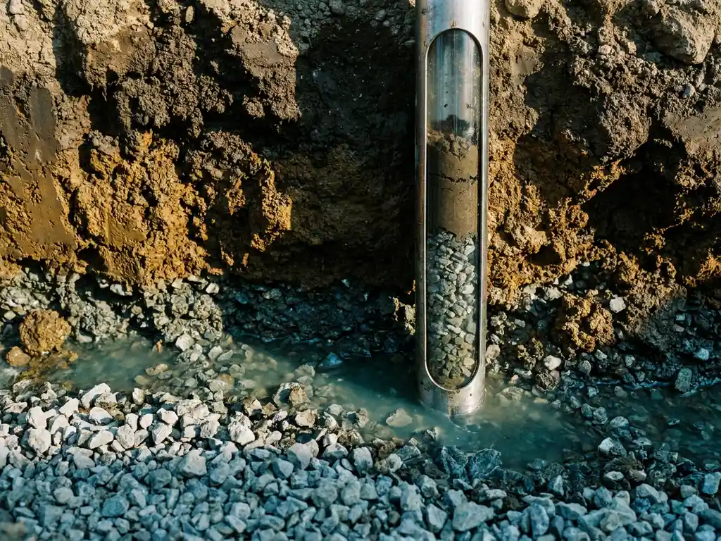 Bodenprofil-Querschnitt mit kontaminiertem Erdreich, Grundwasser in Kiesschicht und Bohrkernprobe zwischen den Sedimentlagen.