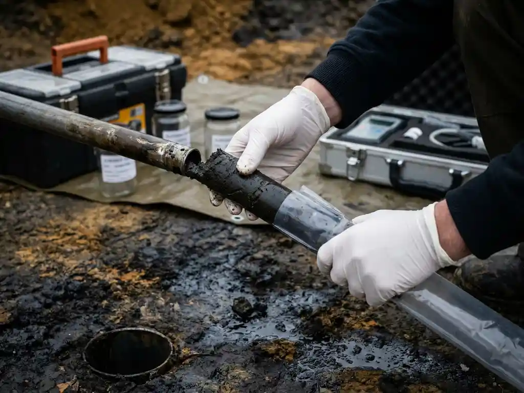 Umwelttechniker in weißen Handschuhen entnimmt Bodenkernprobe aus ölverschmutztem Erdreich bei Altlastenuntersuchung.