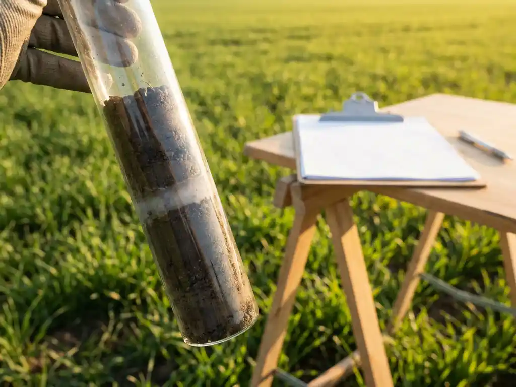 Bodenkernprobe in Glasröhre mit sichtbarem Chemikalienrückstand über sonnenbeschienenen Feldern, Klemmbrett mit Bewertungsbögen im Hintergrund.