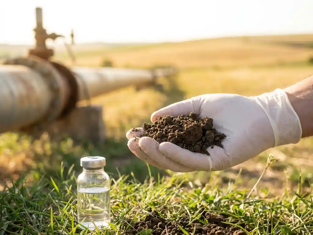Bodenprobe in behandschuhter Hand auf landwirtschaftlichem Feld, mit Glasfläschchen und Rohren im sonnigen Hintergrund.