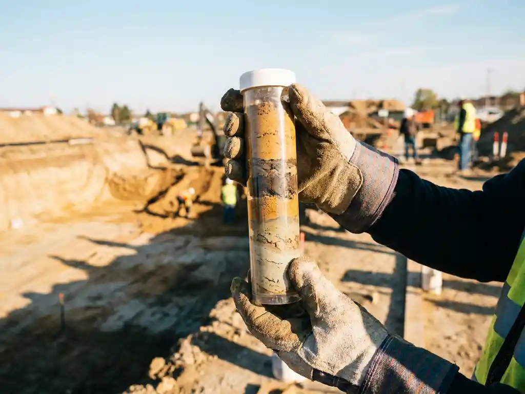 Gloved hands holding a cylindrical soil core sample with visible earth layers, excavation site in the background, warm daylight.