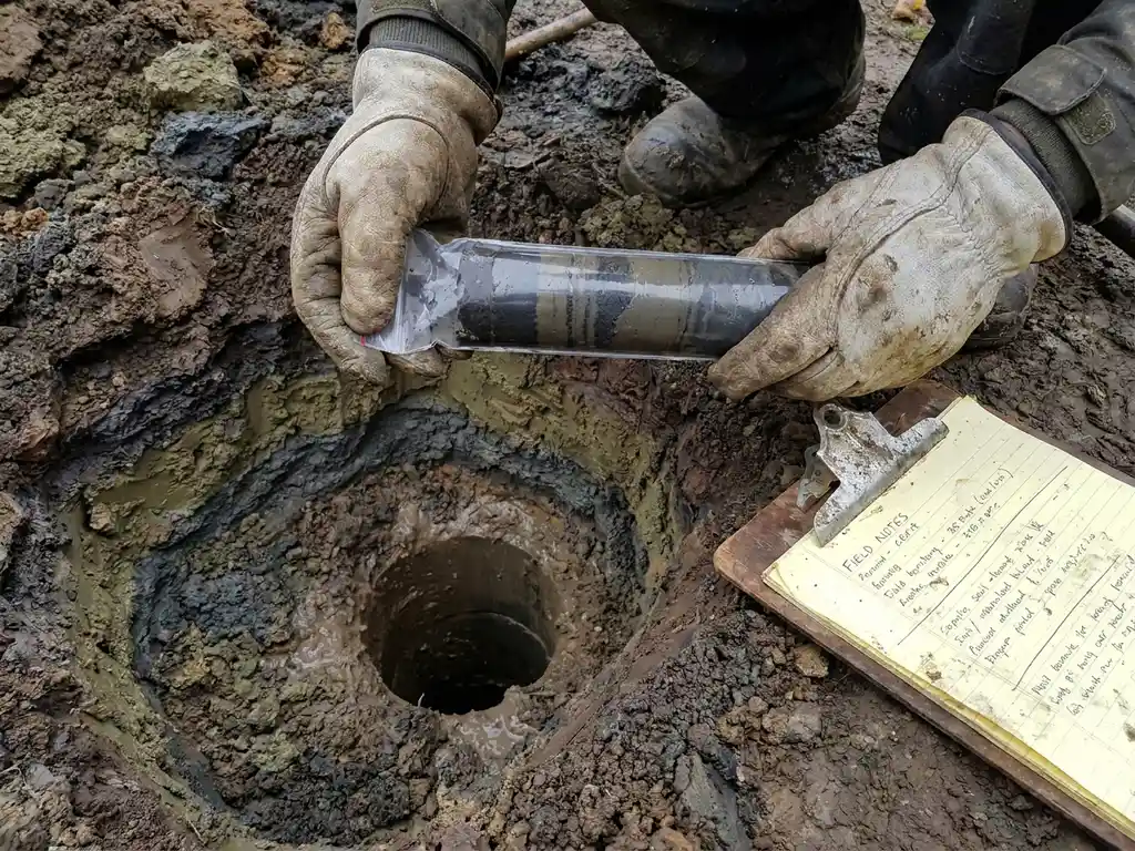 Gloved hands holding a soil core sample over a borehole, revealing contaminated earth strata with a field notes clipboard nearby.