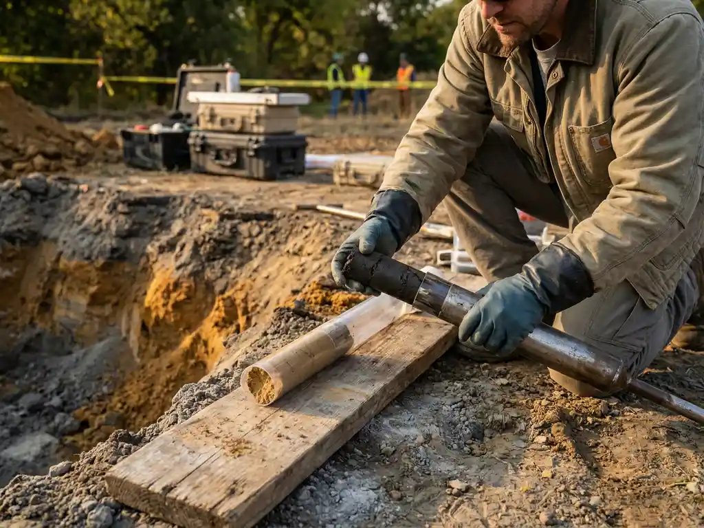 Umweltspezialist mit Handschuhen entnimmt dunkle Bodenkernprobe an Sanierungsstandort, neben sauberer Probe auf verwittertem Holz.