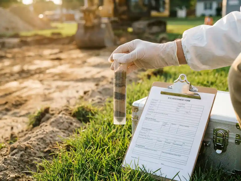Bodenkernsonde in transparentem Rohr, von behandschuhter Hand über Sanierungsbaustelle gehalten, Klemmbrett mit Formularen im Hintergrund.