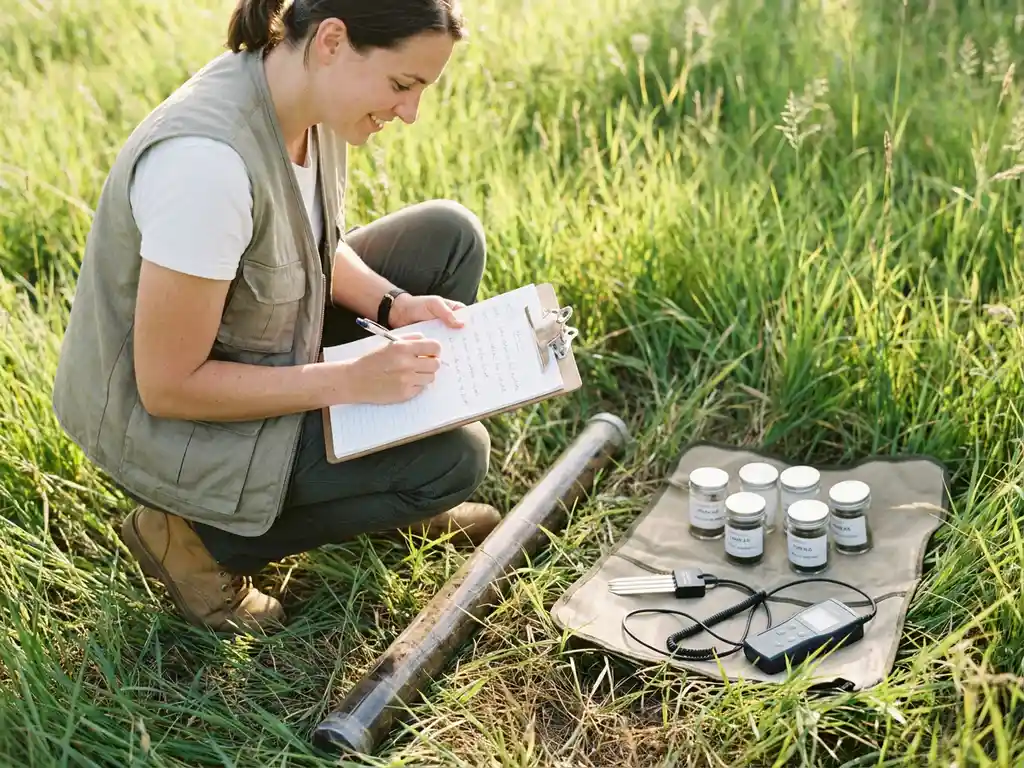 Umweltberater kniet neben einem Bodenkernprobenprofil auf grüner Wiese, hält Klemmbrett mit Notizen, Probengläser und Messgeräte im Gras.