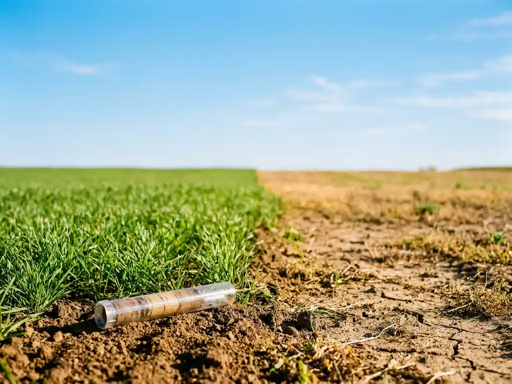 Bodensanierung auf halbem Weg: frisches Gras wächst auf gereinigtem Erdreich, Bodenprobenröhre im Vordergrund, sonnendurchflutete Landschaft.
