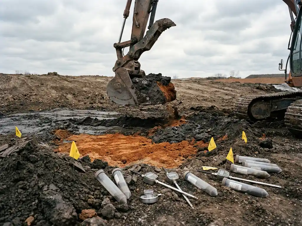 Bagger hebt kontaminierte Erde auf saniertem Industriegelände, darunter sauberer ockerfarbener Boden, Probenahmeröhren im Vordergrund.