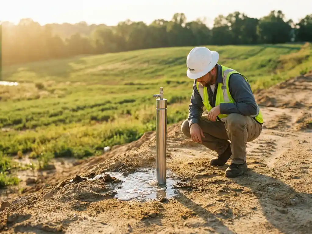 Feldtechniker kniet neben einer Edelstahl-Injektionslanze im Boden, Oxidationsmittel verteilt sich im Erdreich während der In-situ-Sanierung.