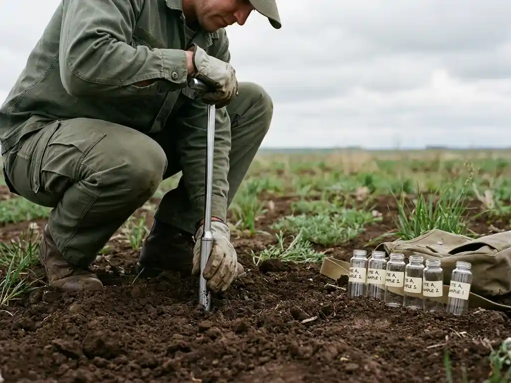 Bodenwissenschaftler entnimmt Probe aus dunkelbrauner sanierter Erde, daneben beschriftete Glasfläschchen, Freigelände mit sich erholender Vegetation.