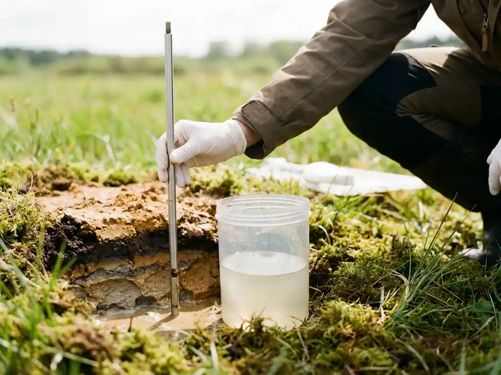 Umweltwissenschaftlerin kniet neben Bodenmesspegel in feuchter Erde, Auffanggefäß sammelt Grundwasser aus Sedimentschichten, grüne Wiese im Hintergrund.