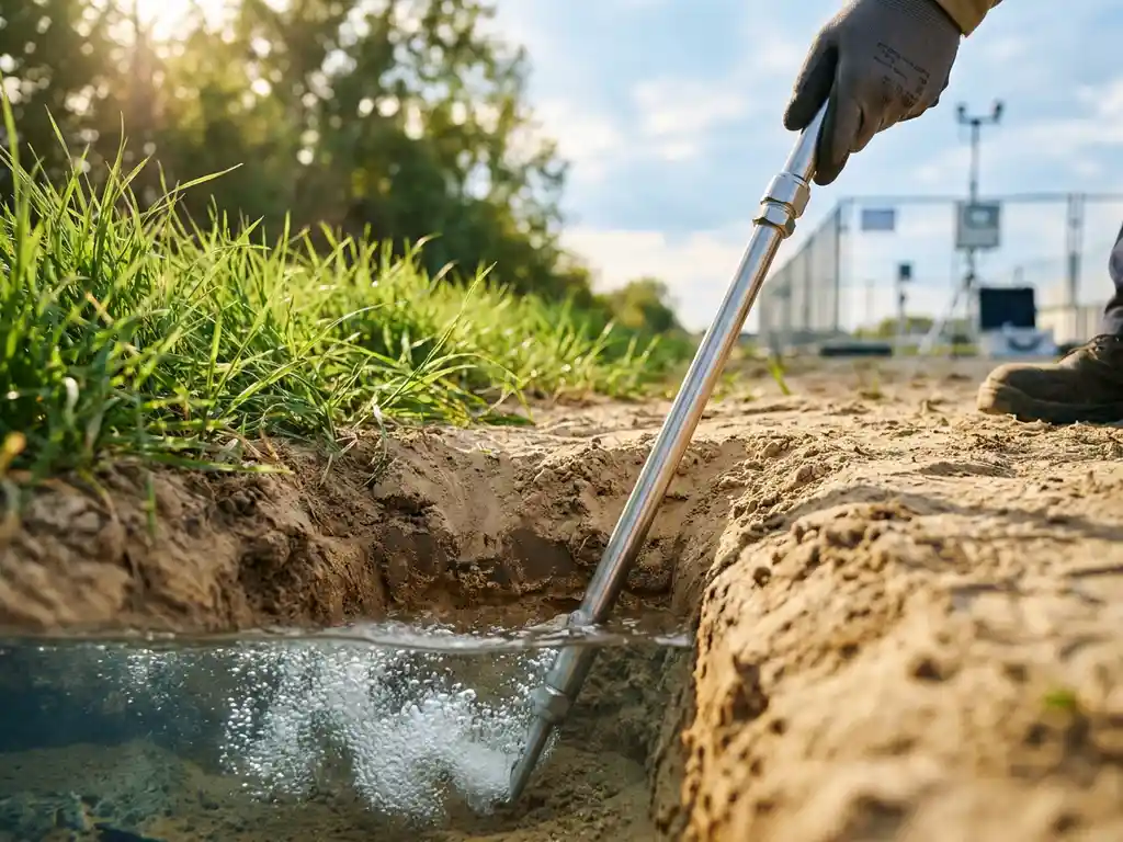Edelstahl-Injektionslanze im Sandboden mit aufsteigenden Luftblasen durch Erdschichten und Grundwasser bei sonniger Bodenreinigung.