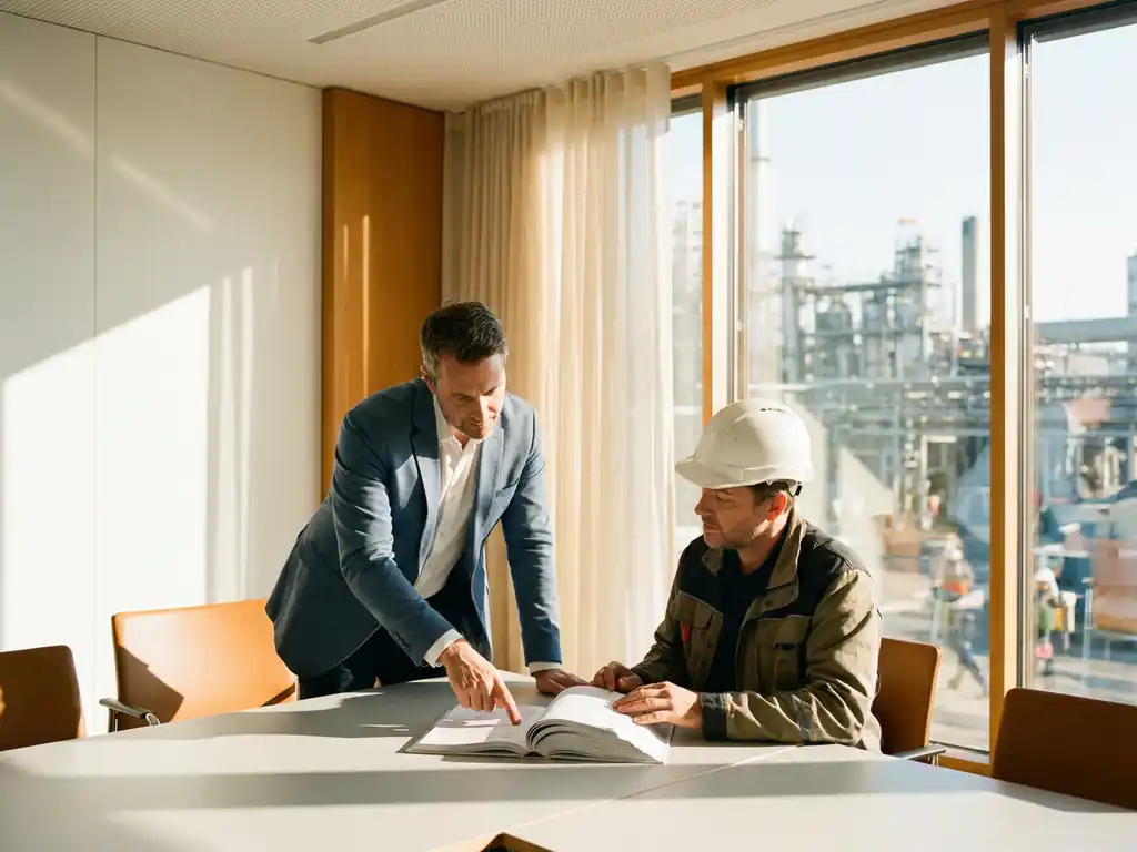 Unternehmensberater und Anlagenleiter prüfen gemeinsam einen Risikobewertungsbericht in einem modernen Konferenzraum mit Industrieanlage im Hintergrund.