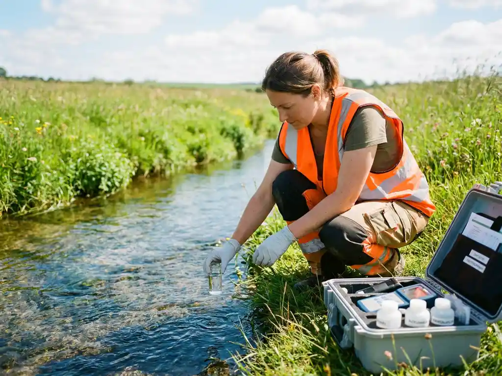 Umweltspezialist in Sicherheitsweste nimmt Wasserprobe aus klarem Bach, offener Gerätekoffer und grüne Wiese im Hintergrund.