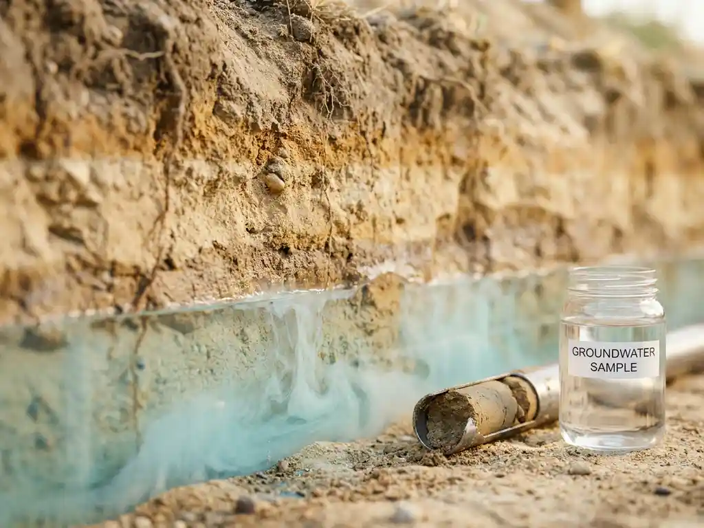 Querschnitt eines flachen Grundwasserleiters mit milchigen Schadstofffahnen in sandigem Boden, Bohrkernprobe und Glasgefäß mit klarem Wasser.