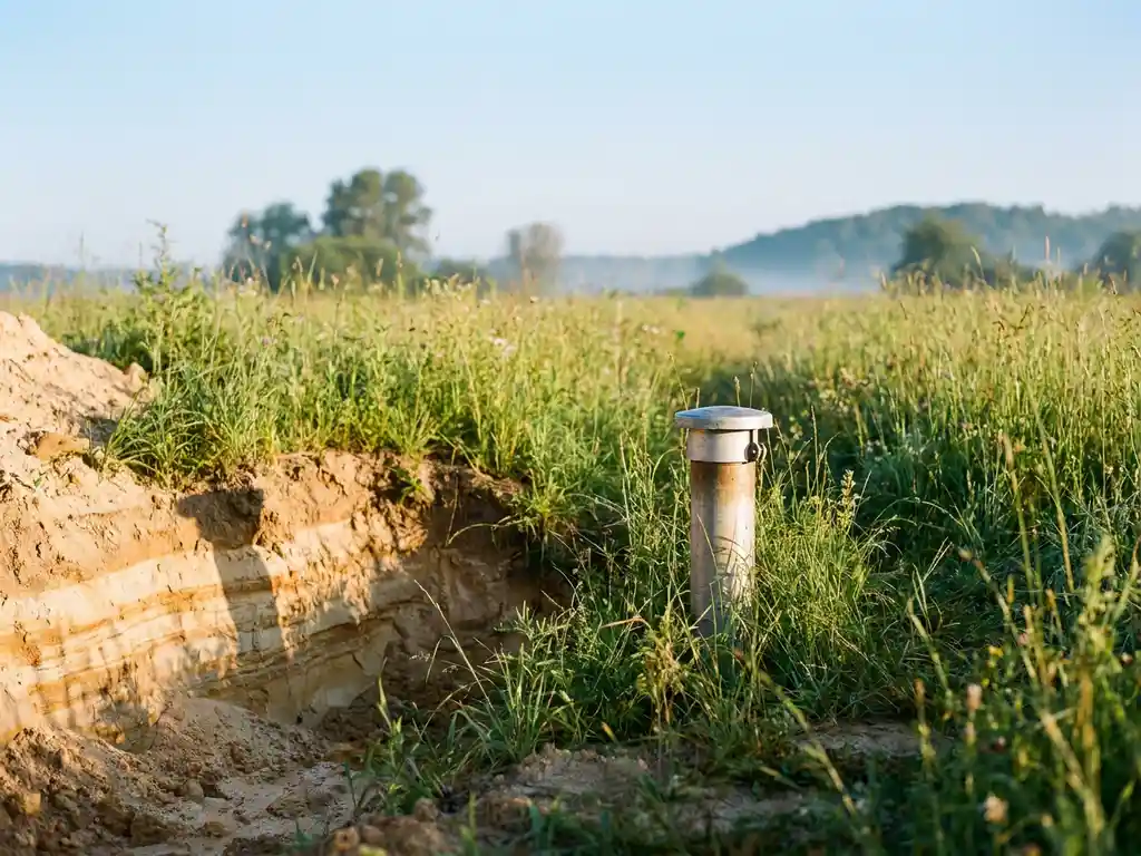 Grundwasser-Messstelle in sich regenerierender Wiesenlandschaft mit Bodenprofil und warmem Morgenlicht.