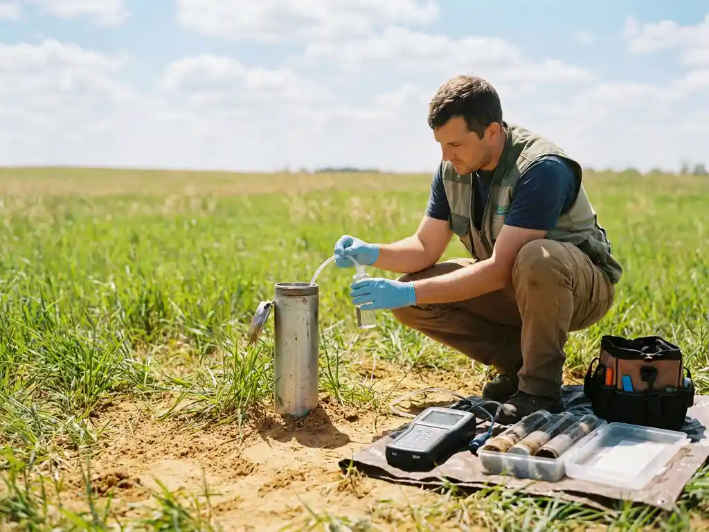 Umwelttechniker entnimmt Grundwasserprobe an einem Monitoring-Brunnen auf einer grünen Wiese mit tragbarem Testequipment.