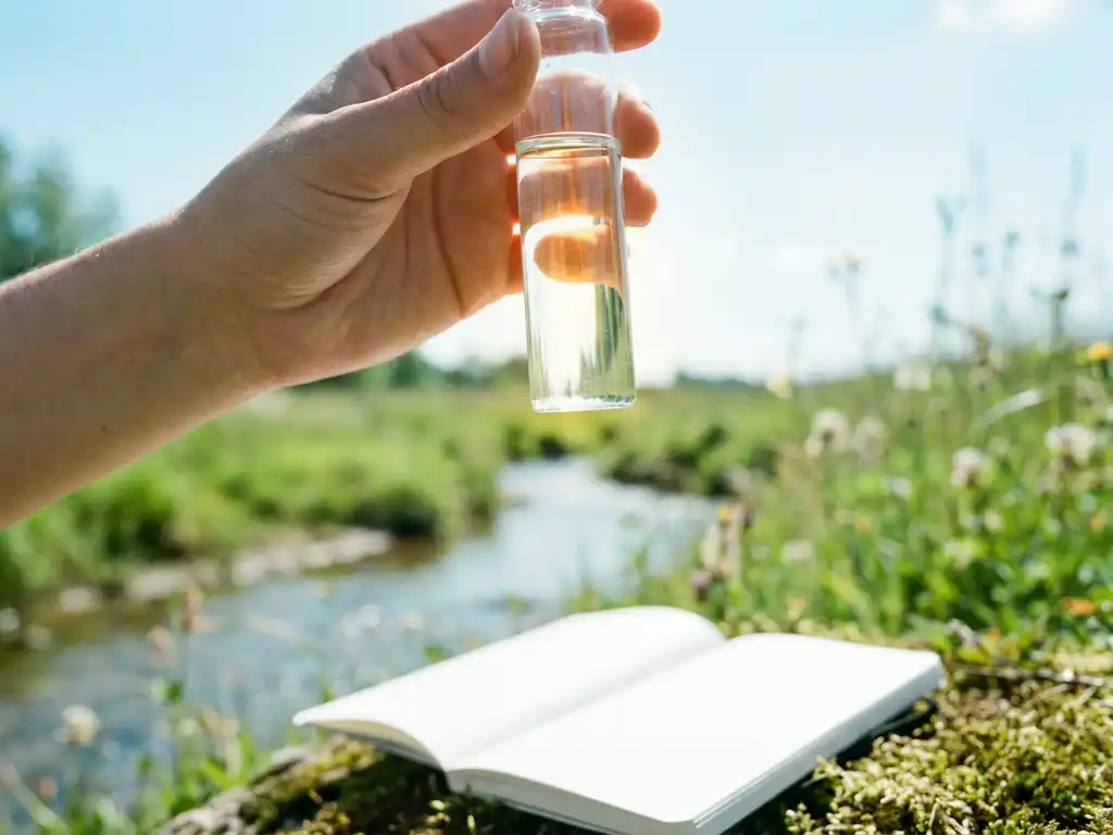 Glasfläschchen mit klarer Grundwasserprobe im Gegenlicht, grüne Wiese und Bach im unscharfen Hintergrund.
