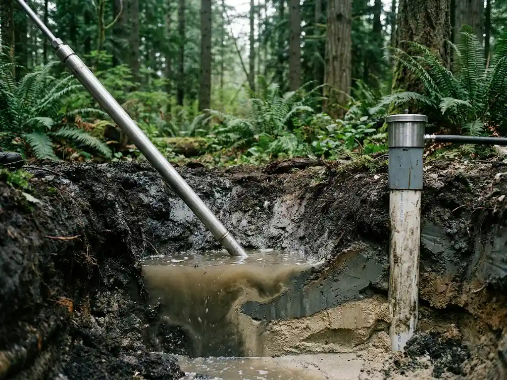 Edelstahl-Injektionslanze im gesättigten Erdreich neben Grundwassermessstelle, trübes Wasser klärt sich durch In-situ-Bodensanierung.