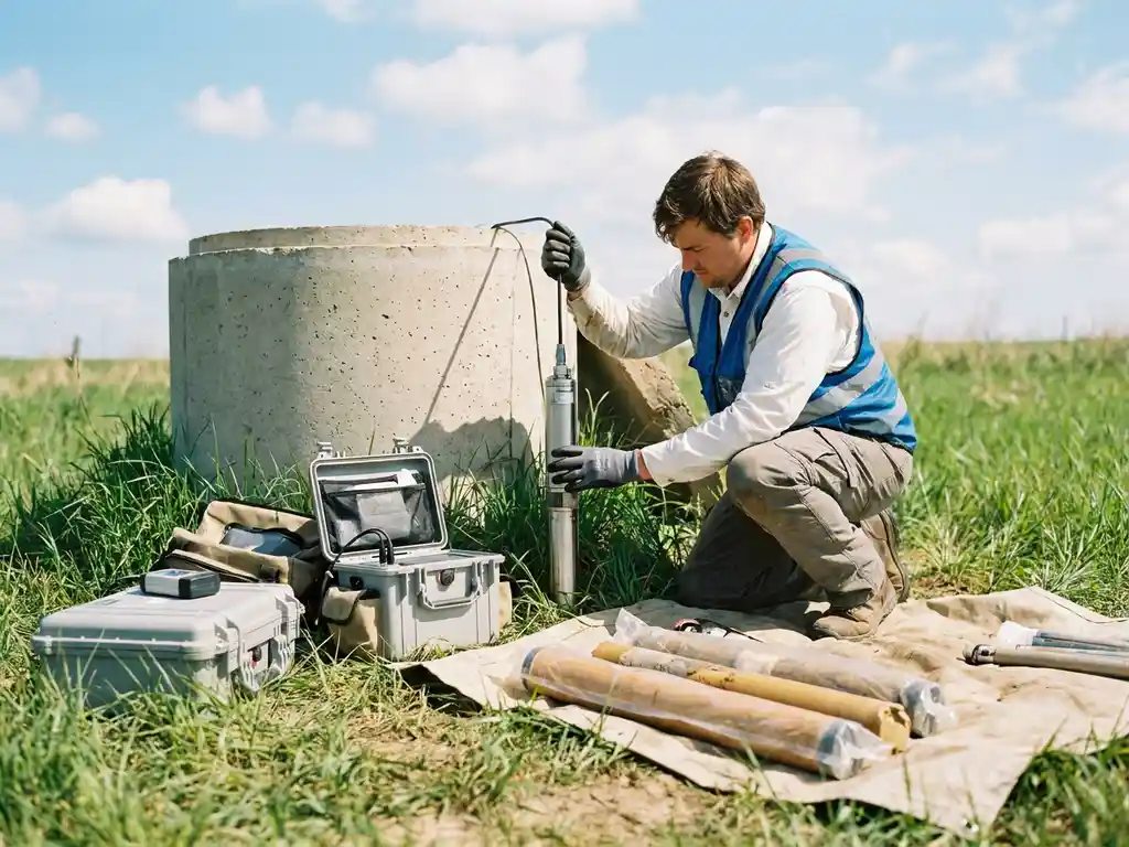 Hydrogeologe lässt Messpumpe in Grundwasser-Messbrunnen, Bodenproben und Feldausrüstung auf grüner Wiese bei Sonnenschein.
