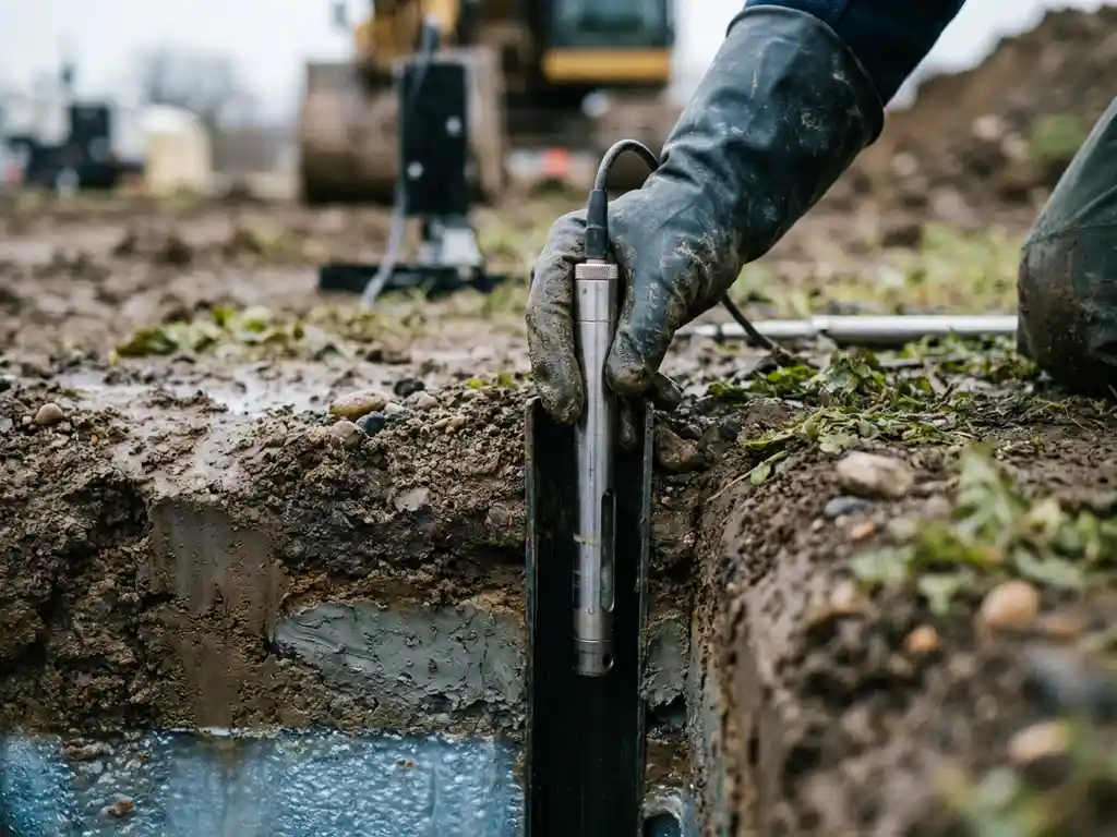 Hydrogeologe führt Grundwasser-Messsonde in kontaminierten Boden ein, sichtbare Bodenschichten und Grundwasserspiegel im Querschnitt.