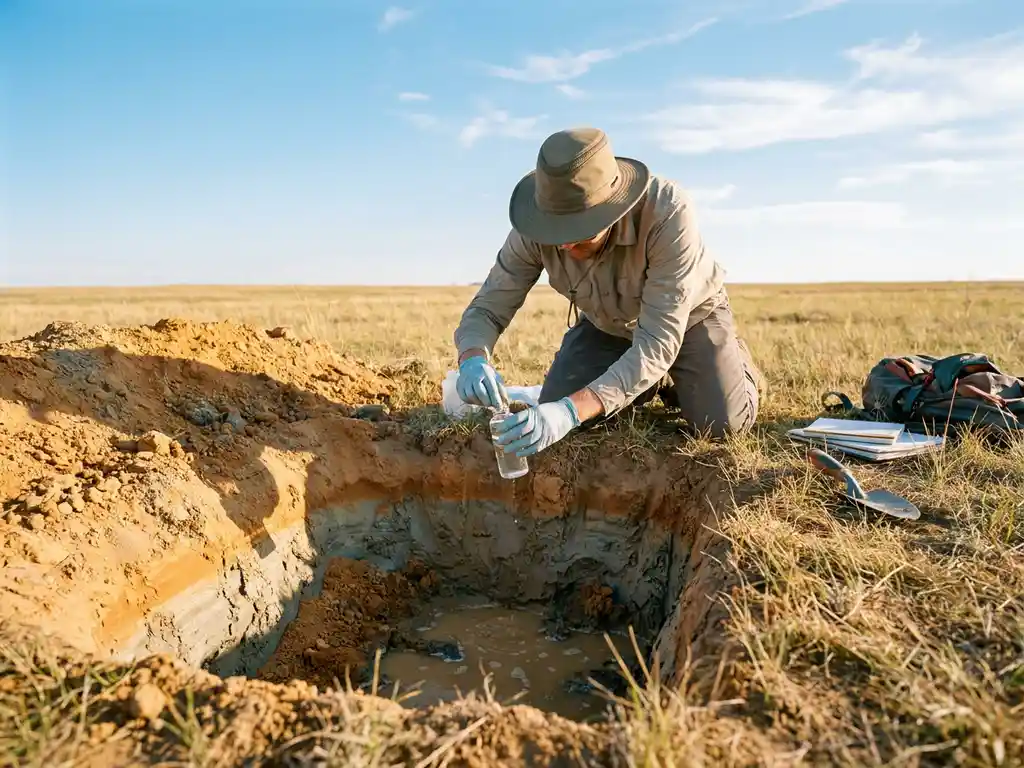 Hydrogeologe kniet neben Aushubgrube und entnimmt Grundwasserprobe in Glasfläschchen, sichtbar geschichtete Sand- und Tonböden im Sonnenlicht.