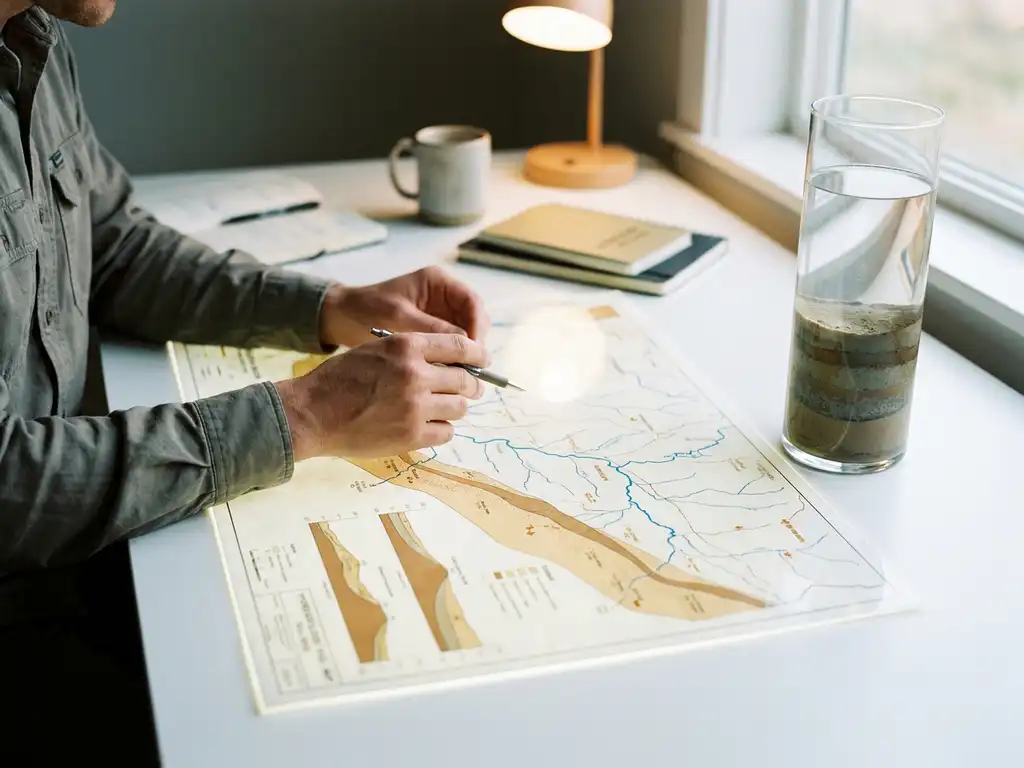 Hydrogeologe analysiert beleuchtete Standortkarte am Schreibtisch, daneben Glaszylinder mit Sedimentschichten und klarem Wasser.