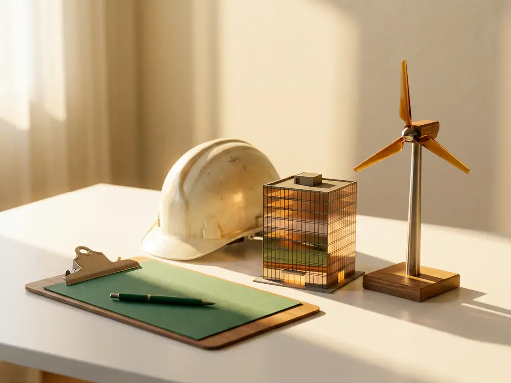 Schutzhelm, medizinisches Klemmbrett, Windturbinenmodell und Bürogebäude-Miniatur auf weißer Fläche im warmen Sonnenlicht.