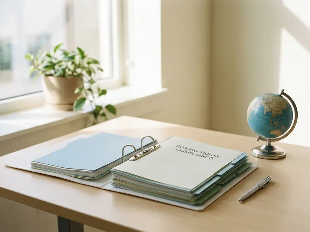 Aufgeschlagener Ordner mit internationalen Compliance-Dokumenten auf modernem Schreibtisch, daneben kleiner Globus und Kugelschreiber, natürliches Tageslicht.