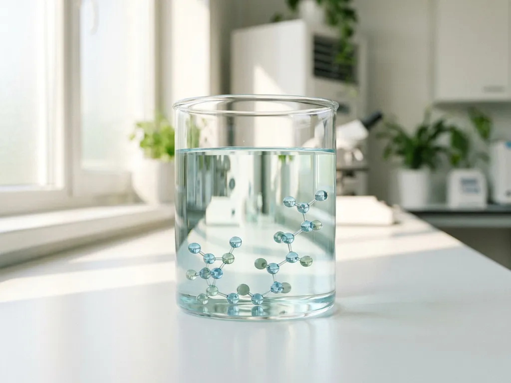 Zwei Molekülkettenmodelle unterschiedlicher Länge in einem Glasgefäß mit klarem Wasser auf weißer Laborbank im Tageslicht.