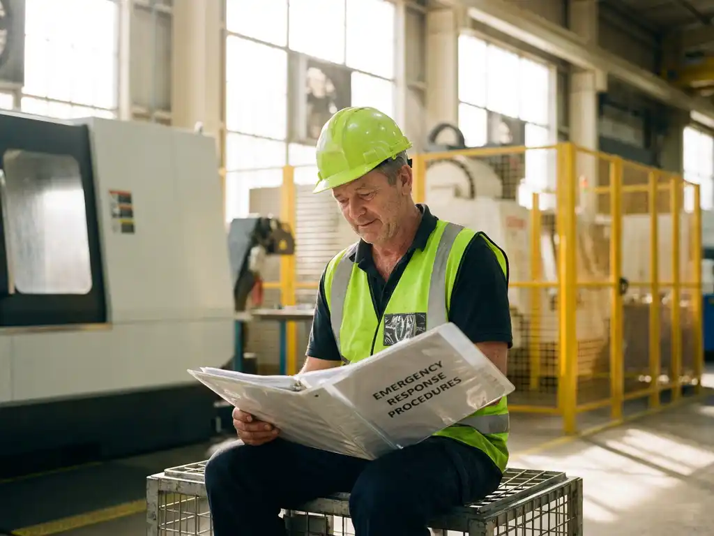 Industriearbeiter in Sicherheitsweste liest Notfallplan-Ordner auf hellem Fabrikboden mit Schutzbarrieren im Hintergrund.
