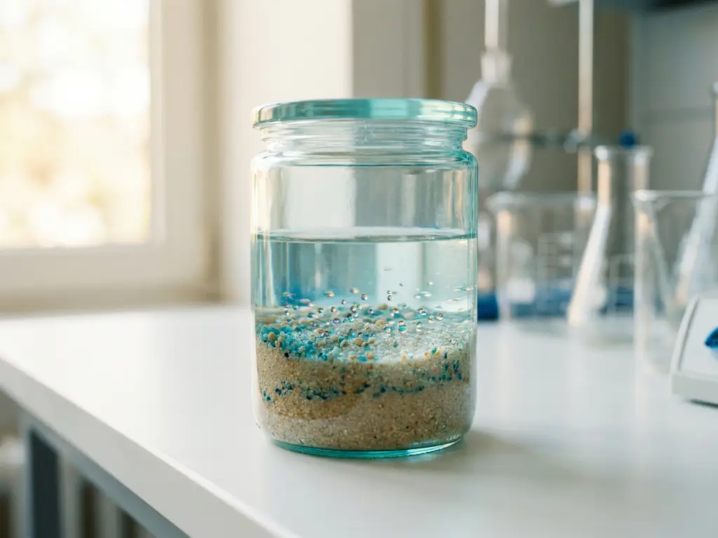 Glaszylinder mit geschichteten Bodenproben und Wasser, PFAS-Moleküle als irisierte Tröpfchen an Sandpartikeln sichtbar, Laborumgebung.