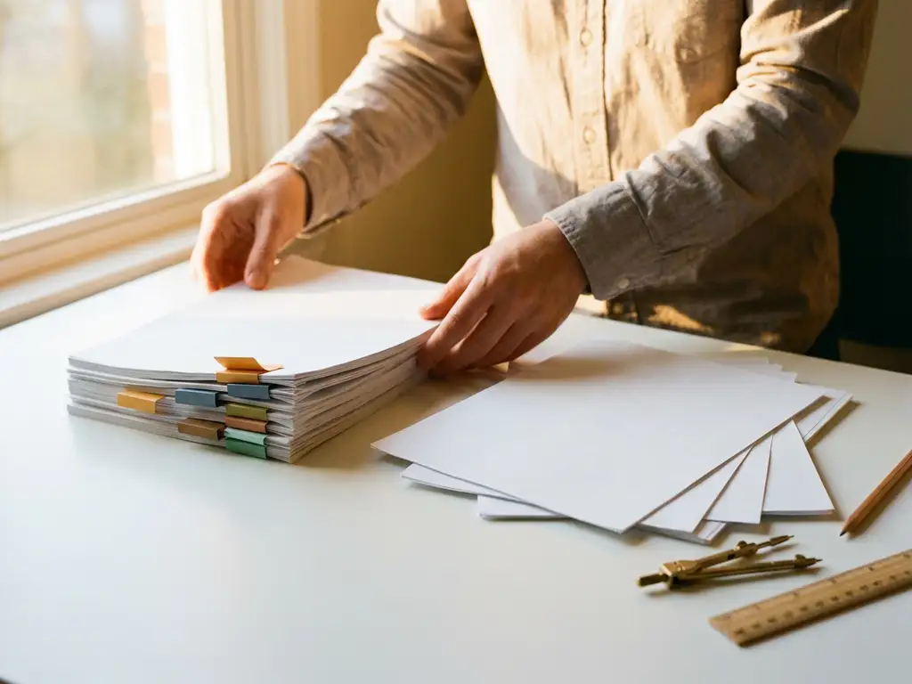 Projektmanager ordnet farbcodierte Dokumentenstapel neben losen Blättern auf weißem Schreibtisch, Kompass und Messwerkzeuge im warmen Morgenlicht.