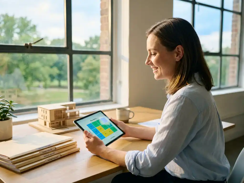 Projektmanagerin analysiert bunte Risikomatrix auf leuchtendem Tablet am modernen Schreibtisch mit Architekturmodell im warmen Morgenlicht.