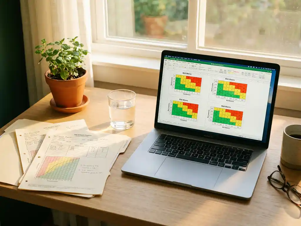 Professioneller Schreibtisch mit aufgeklapptem Laptop, der bunte Risikomatrix-Diagramme zeigt, Bodenprobenberichte und Topfpflanze im Morgenlicht.