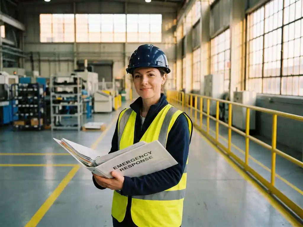 Sicherheitskoordinator mit Schutzhelm prüft Notfallordner in moderner Industrieanlage mit gelben Sicherheitsmarkierungen.