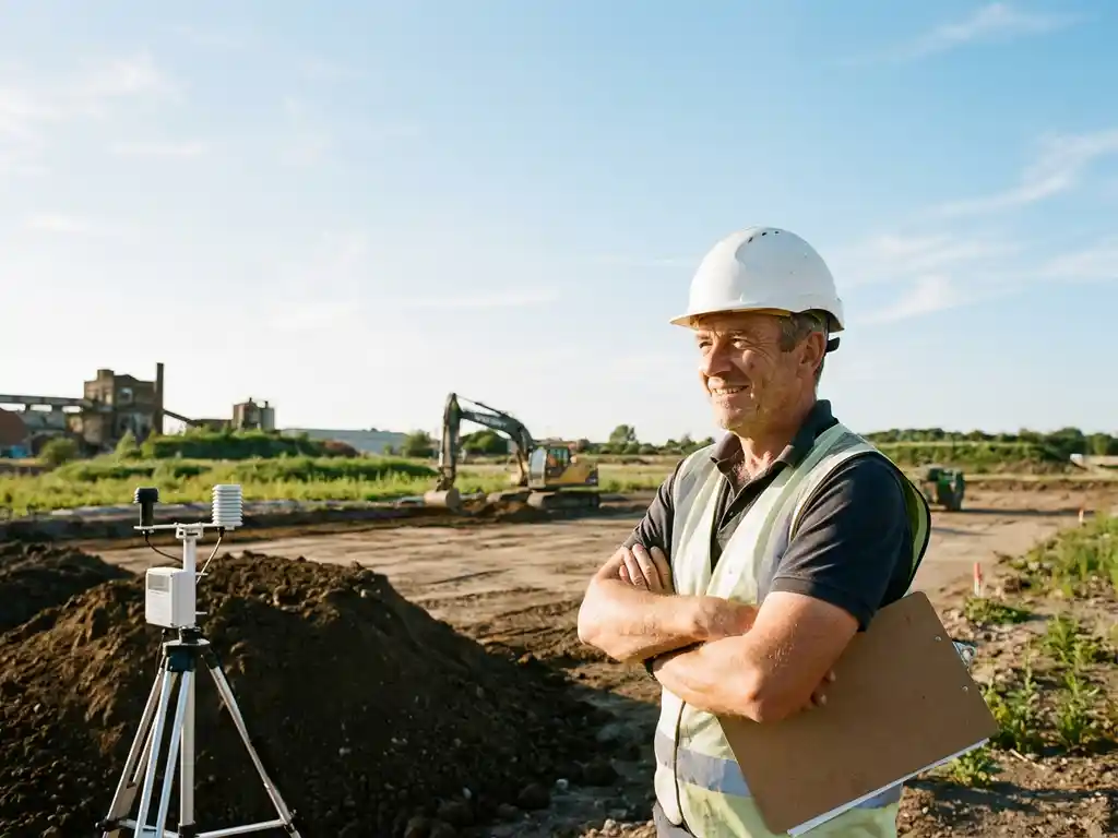 Baustellenleiter mit Schutzhelm überwacht sanierten Brownfield-Standort mit Aushub und Messgeräten unter blauem Himmel.