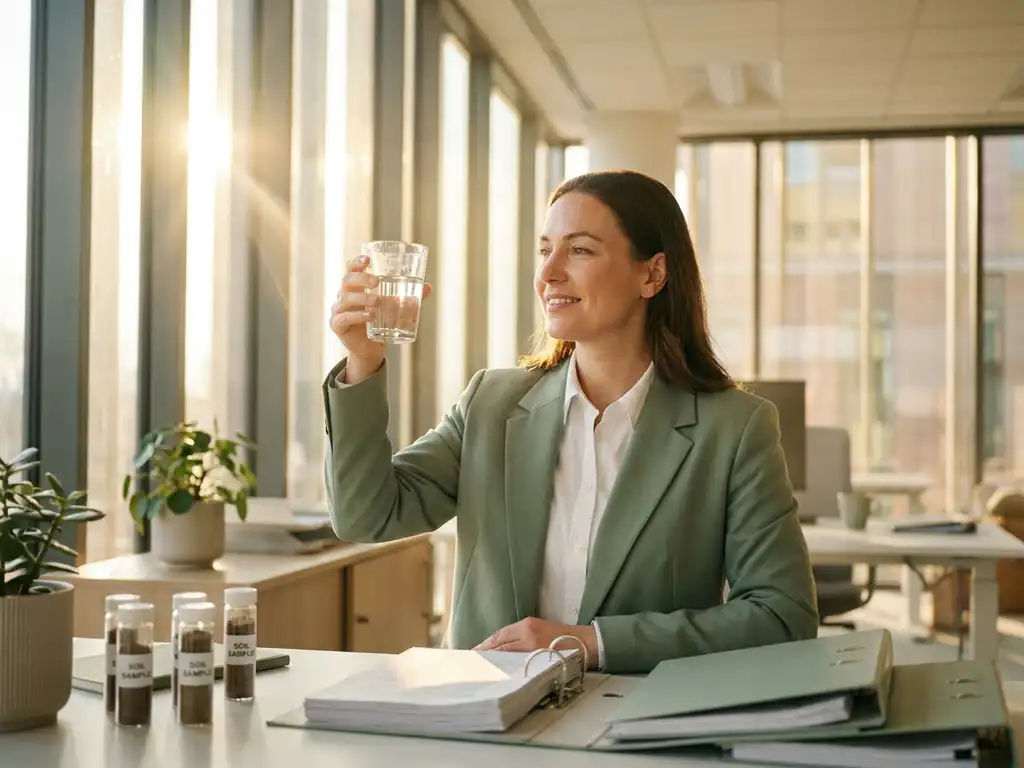 Umweltbeauftragte hält ein klares Wasserglas ins Sonnenlicht, im Hintergrund Bodenproben und Vorschriftenmappen auf einem Schreibtisch.