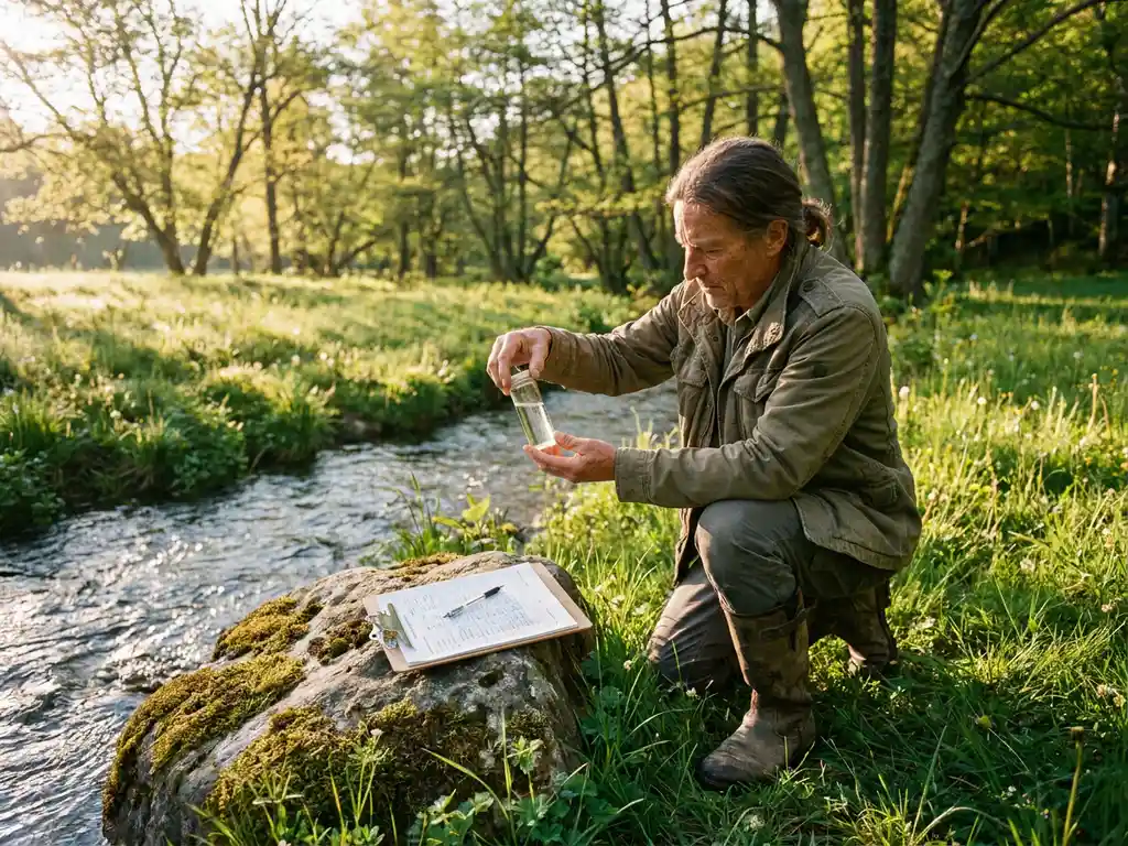 Umweltberaterin kniet an einem klaren Bach auf einer grünen Wiese und entnimmt eine Wasserprobe, Klemmbrett auf moosigem Stein, goldenes Morgenlicht.