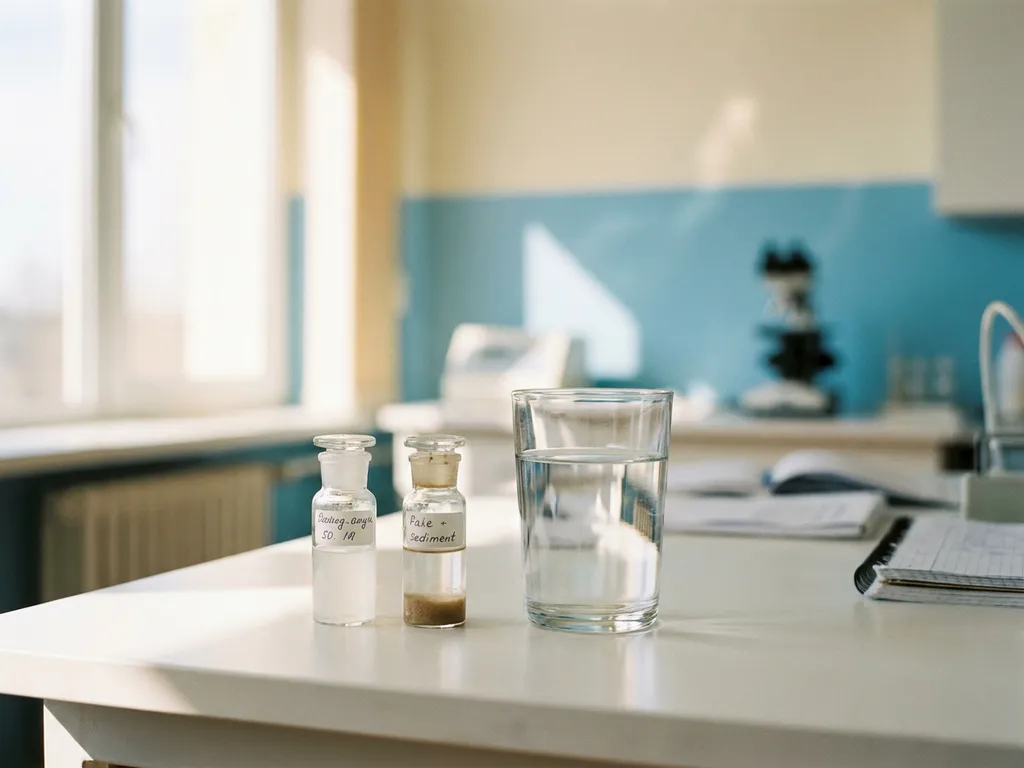 Klares Wasserglas neben zwei Probenfläschchen mit trüber Flüssigkeit und Sediment auf weißem Labortisch im Sonnenlicht.
