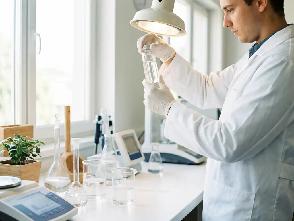 Laborant im weißen Kittel analysiert Wasserprobe in Glasfläschchen, moderne Analysegeräte und Bechergläser auf hellem Labortisch.