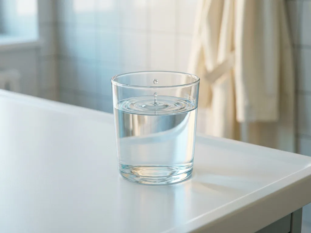 Wassertropfen fällt in ein klares Glas Wasser auf weißer Laborfläche, erzeugt Wellen im Gegenlicht.