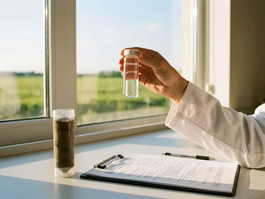 Klares Wasserproberöhrchen im Gegenlicht, daneben Bodenprobe und Dokumente auf weißem Labortisch neben grünem Feld.