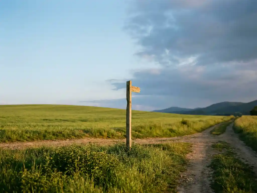 Verwitterter Holzwegweiser an einer Kreuzung, goldenes Morgenlicht im Vordergrund, stürmischer Horizont in der Ferne.