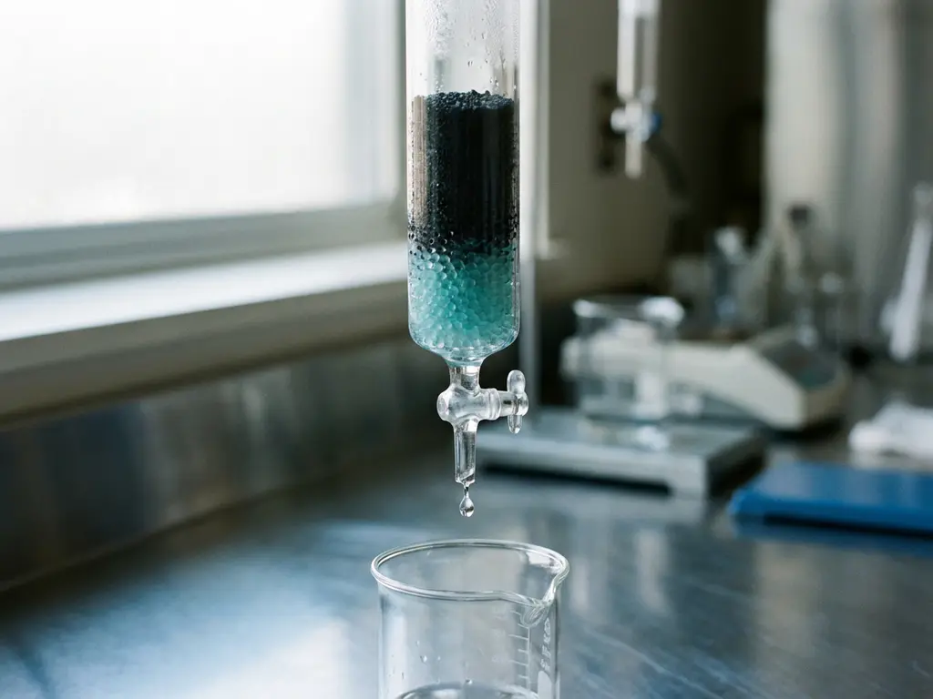 Laborglasfiltrationskolonne mit Aktivkohle und Ionenaustauschharz; gereinigte Wassertropfen fallen in ein Becherglas auf Stahltisch.