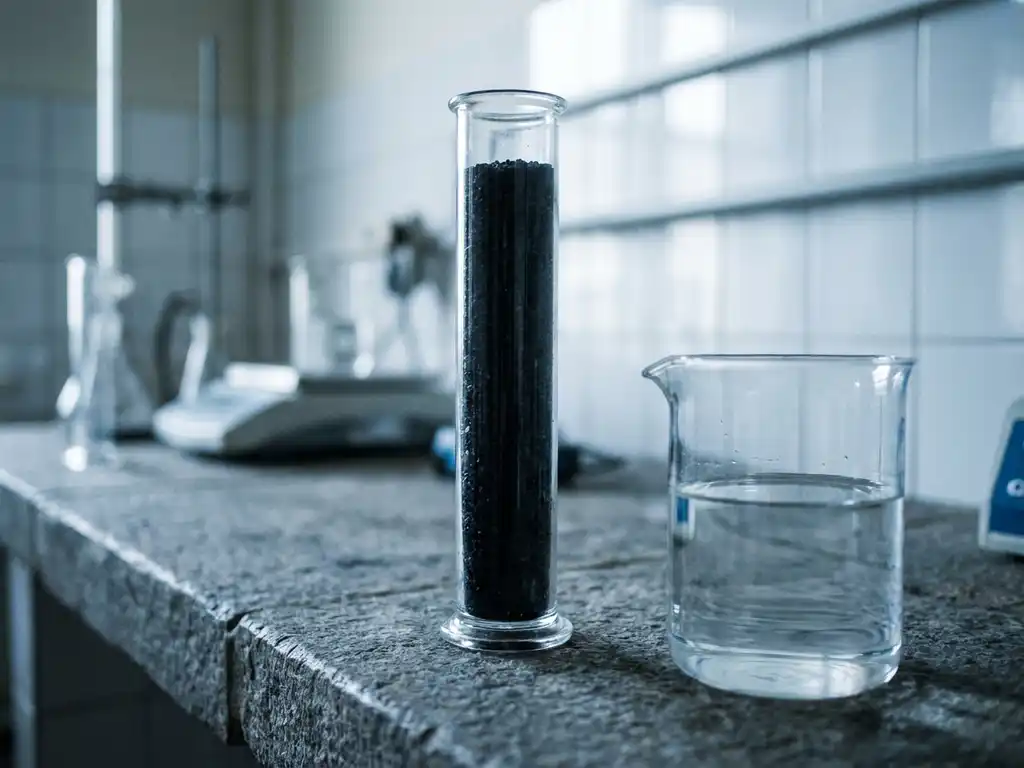 Aktivkohlefiltersäule aus Glas mit dunklen Kohlengranulat-Körnern neben einem Becherglas mit klarem Wasser im Labor.
